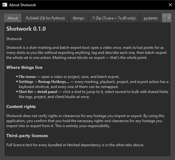 The About Shotwork panel on its About tab, showing what Shotwork does, where things live, and the content rights notice.