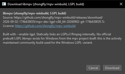 The component download dialog, naming the component, the exact URL it will fetch from, and a link to that component's license, with Download and Cancel buttons.