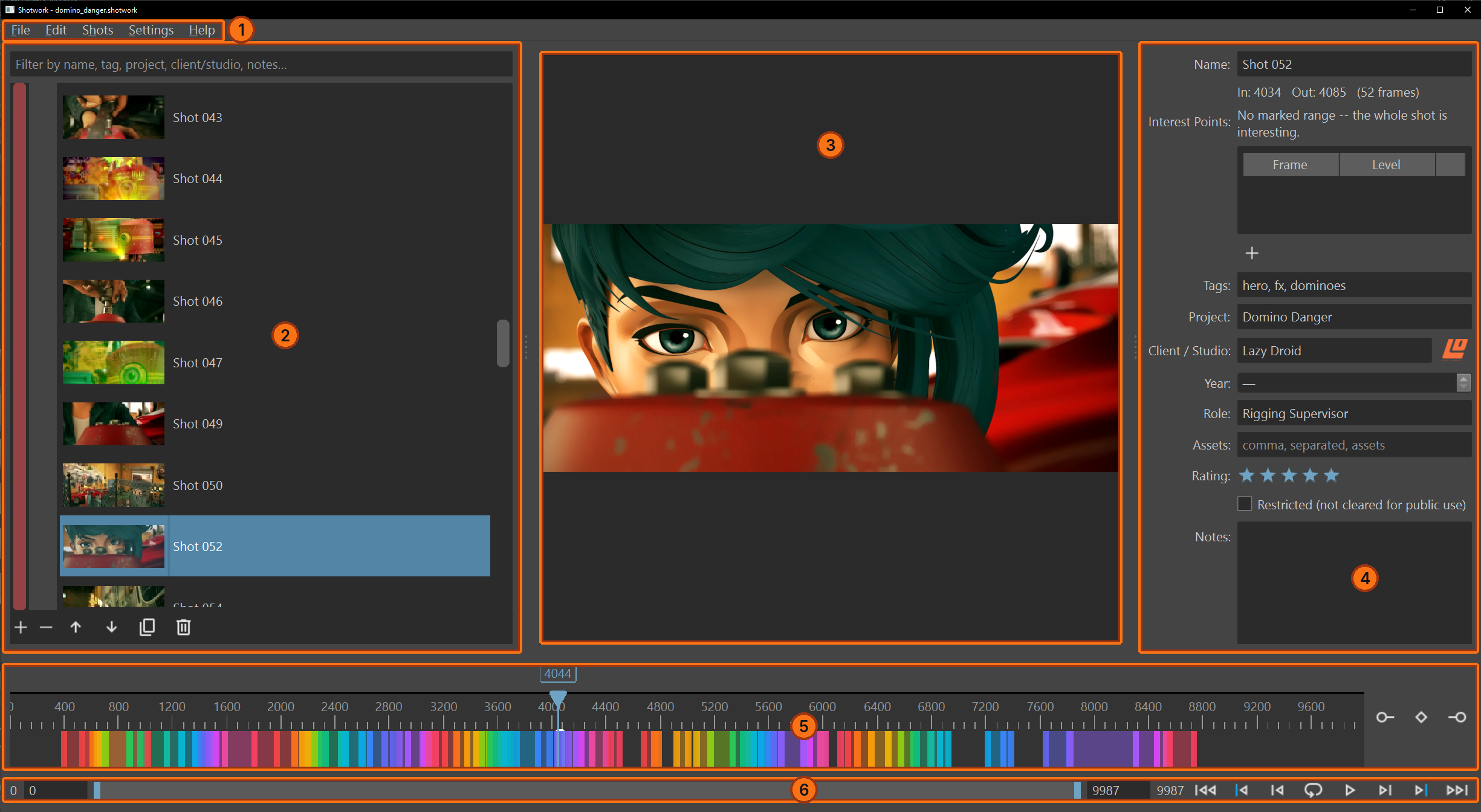 The Shotwork window with a shot list open, showing the menu bar, the shot list on the left, the viewer in the center, the detail panel on the right, and the source timeline with transport controls along the bottom.