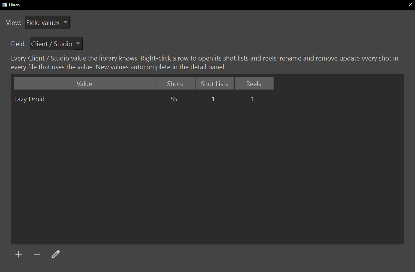 The Library window on its Field values view, the Field dropdown set to Client / Studio, one value listed with its shot, shot list and reel counts, and add, remove and rename buttons below.