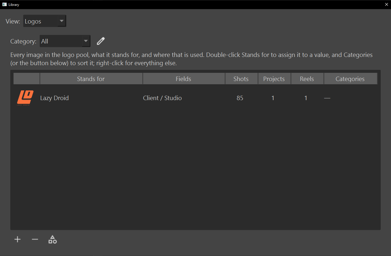 The Library window on its Logos view, a Category dropdown set to All, and one logo row showing its image, the value it stands for, the field carrying it, usage counts, and its categories.
