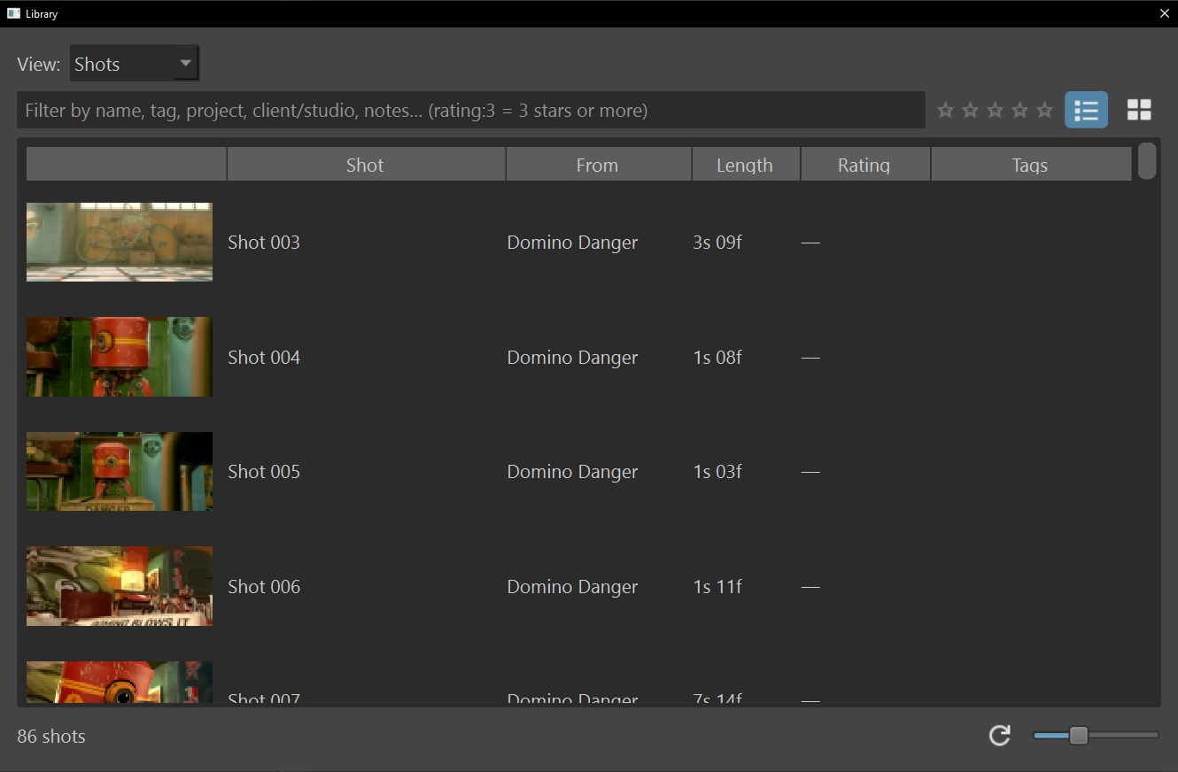 The Library window on its Shots view, a filter box with a star filter beside it, list and thumbnail view toggles, and rows of shots with thumbnail, name, project, length, rating and tags.