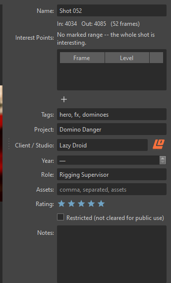 The detail panel for a selected shot, showing Name, Interest Points, Tags, Project, Client / Studio, Year, Role, Assets, Rating, the Restricted checkbox, and Notes.