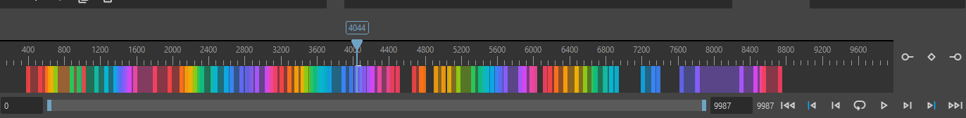 The source timeline spanning a whole video, with color-cycled bands for each marked shot, the playhead, and the transport buttons and playback range fields below it.
