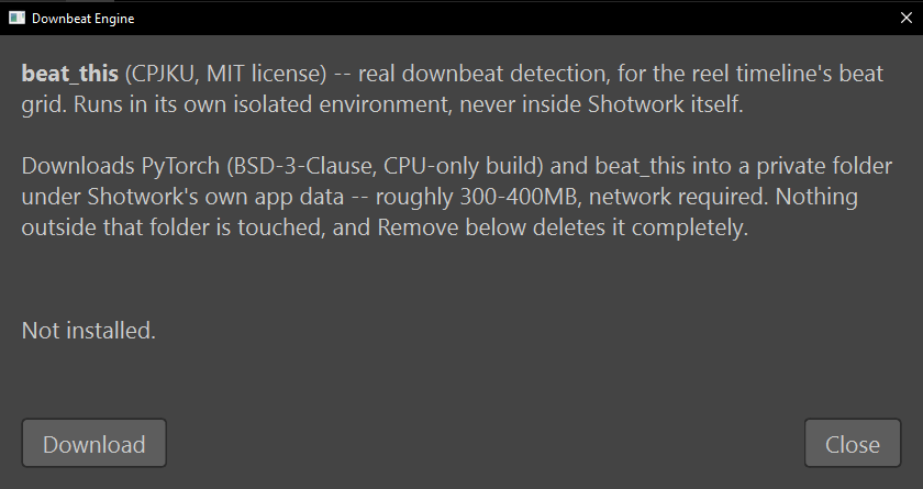 The Downbeat Engine dialog describing beat_this and what the download installs, the status line Not installed, and Download and Close buttons.