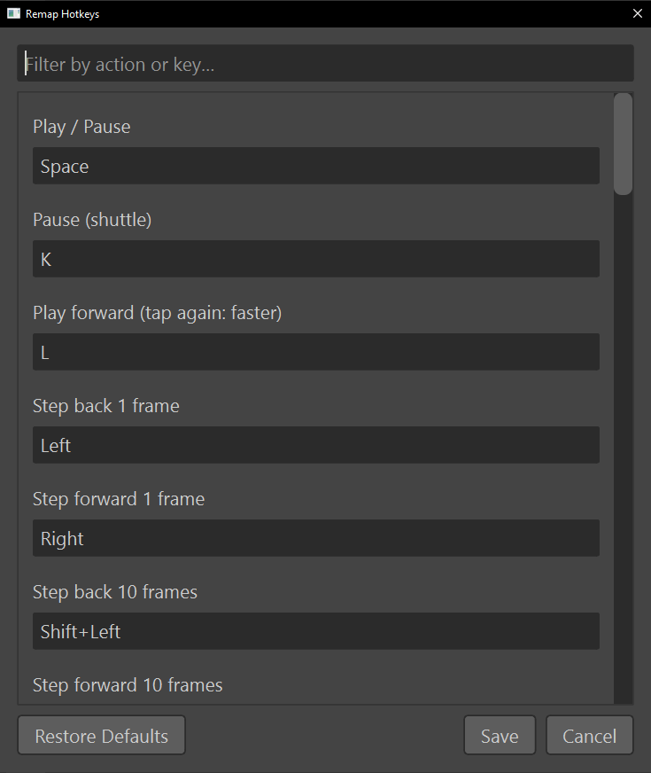 The Remap Hotkeys dialog, a filter box at the top, a scrolling list of actions each with a key field showing its binding, and Restore Defaults, Save and Cancel buttons.