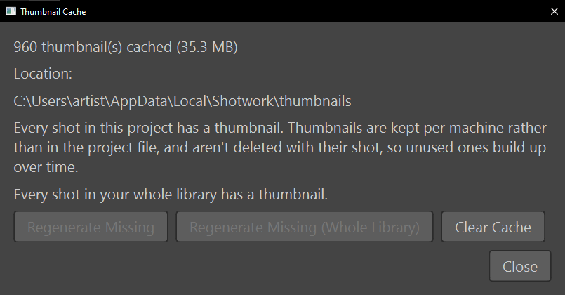 The Thumbnail Cache dialog, stating the number of cached thumbnails and their size, the cache folder's location, two Regenerate Missing buttons and a Clear Cache button.