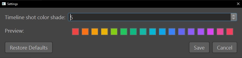 The Settings dialog for timeline colors, with a Timeline shot color shade spin box set to 5, a Preview row of color swatches, and Restore Defaults, Save and Cancel buttons.
